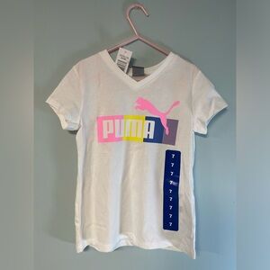 Puma Logo White T-Shirt, Girl size 7, Girl Sport Brand T-Shirts, Athletic Wear
